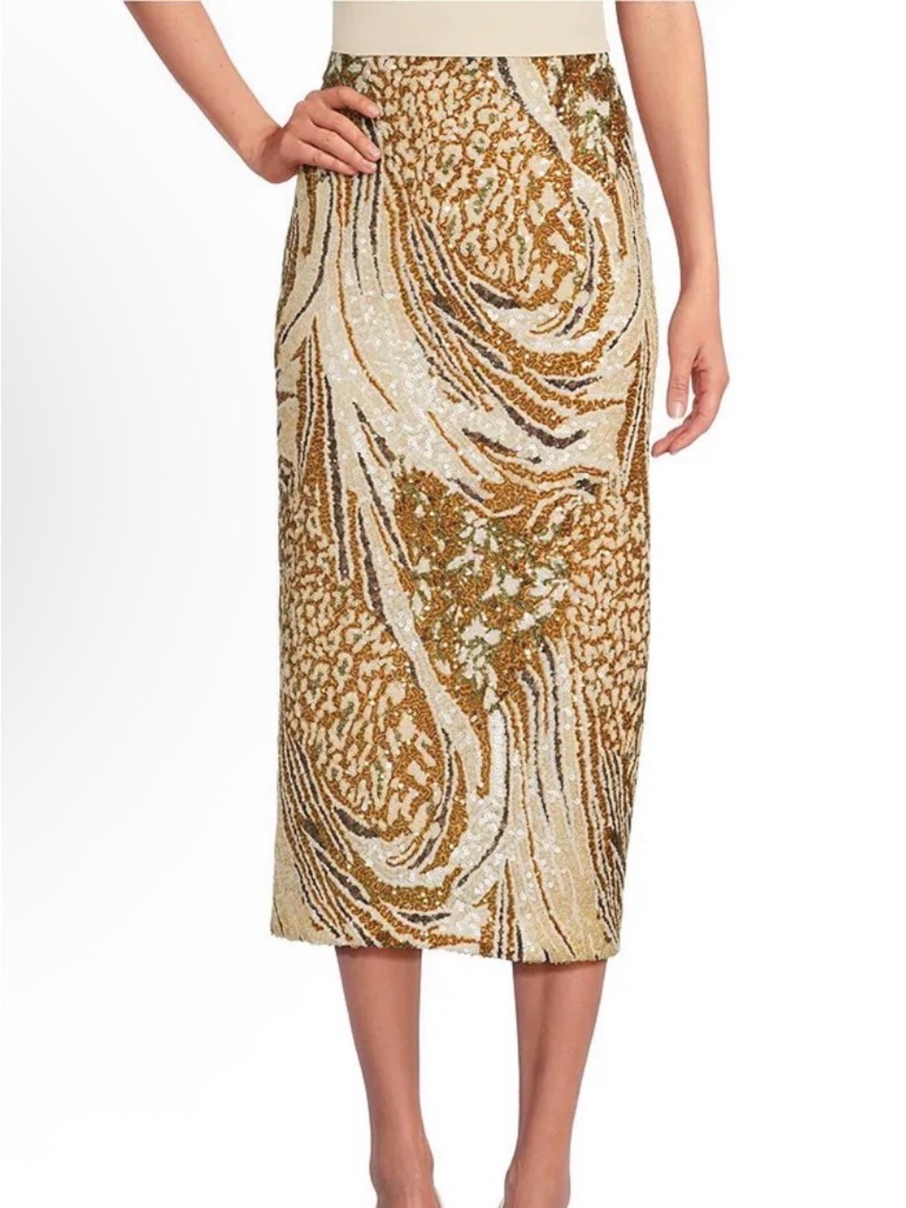 Marchesa Muse Sequin Midi Pencil Skirt - Gold & Cream Size 6 WORN ONCE
